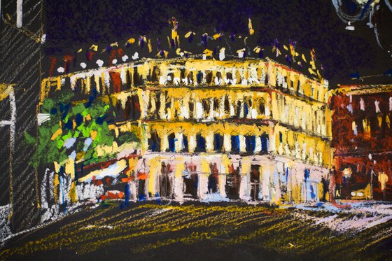 Night in Paris. Louvre Hotel. Medium oil pastel drawing bright colors France