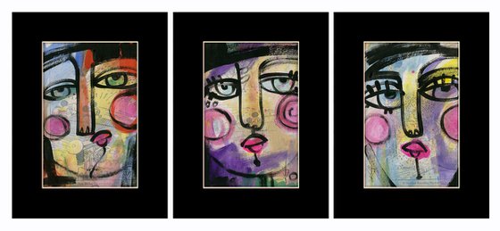 Funky Face Collection 5 - 3 Mixed Media Collage Paintings by Kathy Morton Stanion