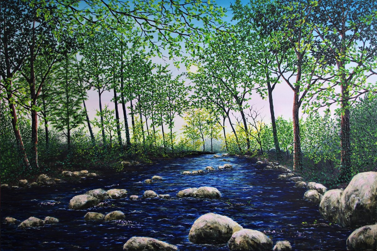 Impressionistic Landscape Oil Painting By Hazel Thomson, 59 X 39, Secret Forest River, Original Artwork