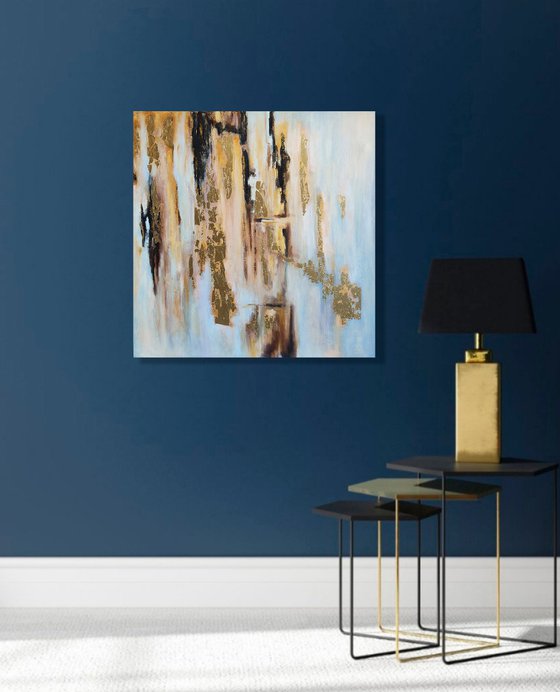 Scandinavia, Abstract Painting Grey Black Gold Wall Art Abstract Cityscape Artwork 70x70 cm ready to hang