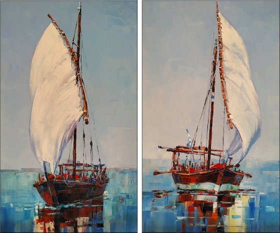 Boats (30x50 30x50(50x60cm) diptych, oil painting, ready to hang)