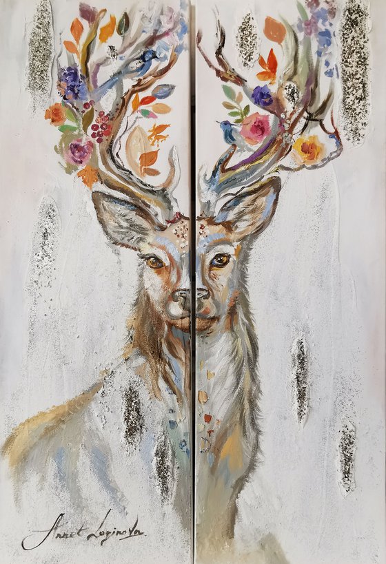 Deers in Norwegian Style: Pair of Vertical Canvases