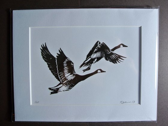 Birds in Flight Linocut, Pritned in Dark Brown, Geese Migrating, Print on Paper, Mounted