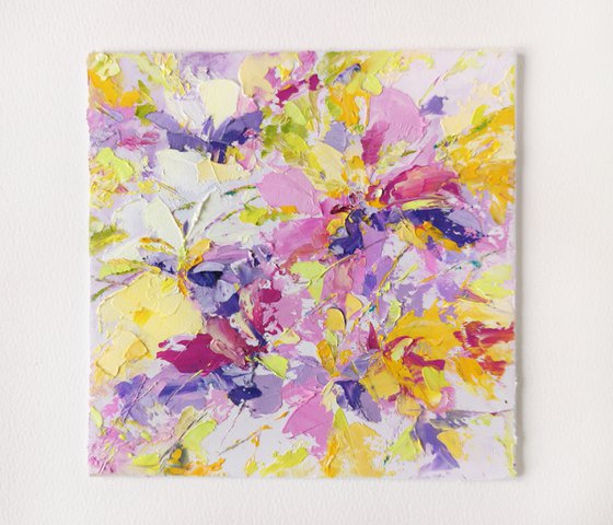 Small oil painting with colorful abstract flowers