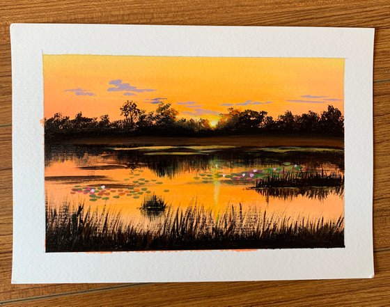 Water lily pond at sunset ! A4 Painting on paper