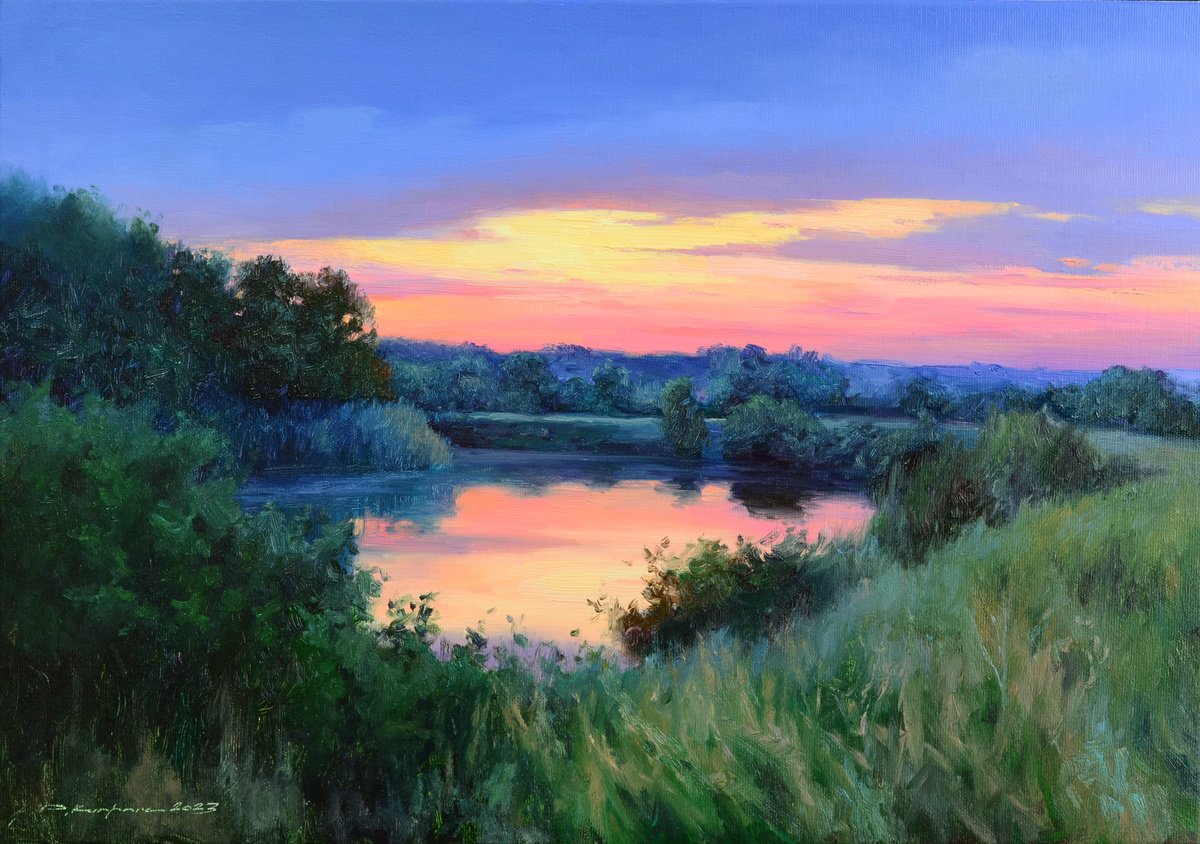 Impressionistic Landscape Oil Painting By Ruslan Kiprych, 20 X 14", Sunset After The Rain, Original Artwork