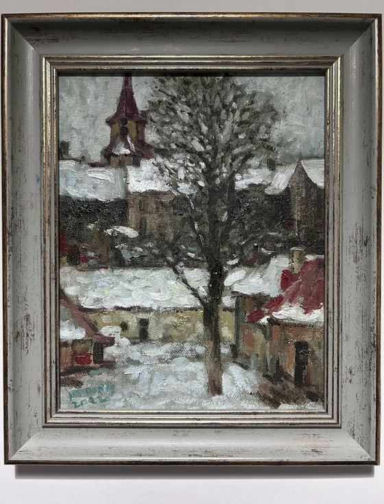 Original Oil Painting Wall Art Signed unframed Hand Made Jixiang Dong Canvas 25cm × 20cm Landscape Snowy Farm near Prague Small Impressionism Impasto