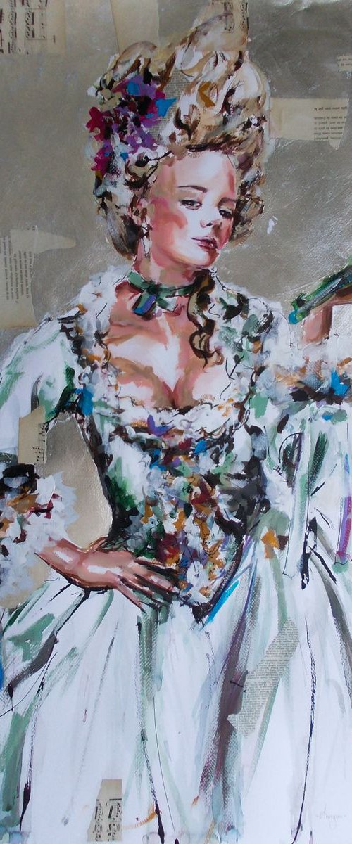 Marie with Tulips- Woman portrait acrylic mixed media painting on paper by Antigoni Tziora