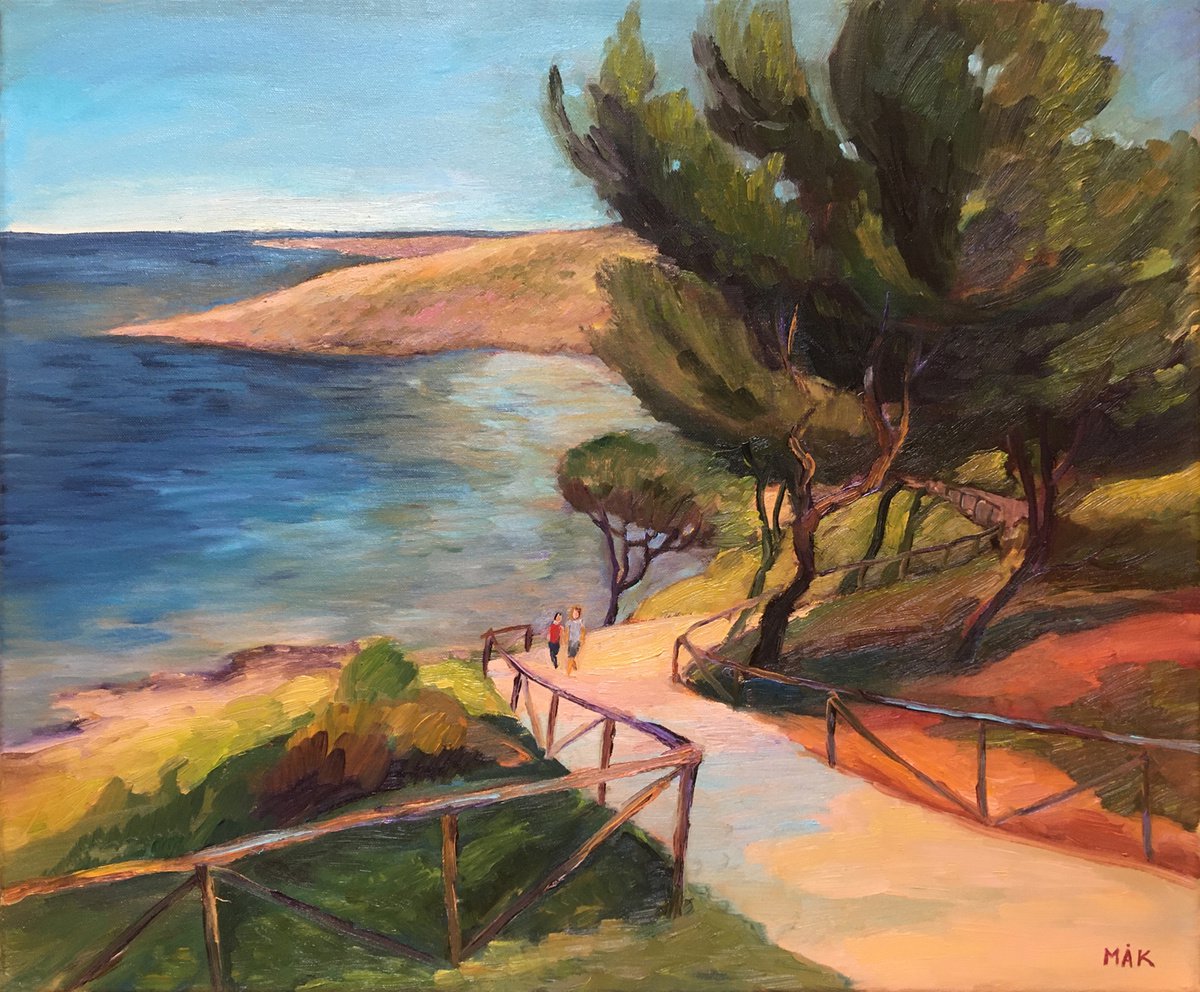 ITALY. LIDO DI SAN LORENZO - landscape oil painting with navy blue sea and Italian sandy b... by Irene Makarova