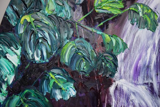 Tropical Round Oil Painting, Waterfall Large Original Canvas Art, Monstera Wall Art