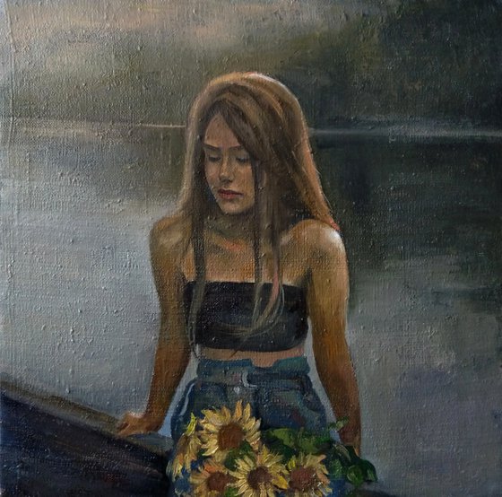 Girl with sunflowers, 58x58cm, oil/canvas