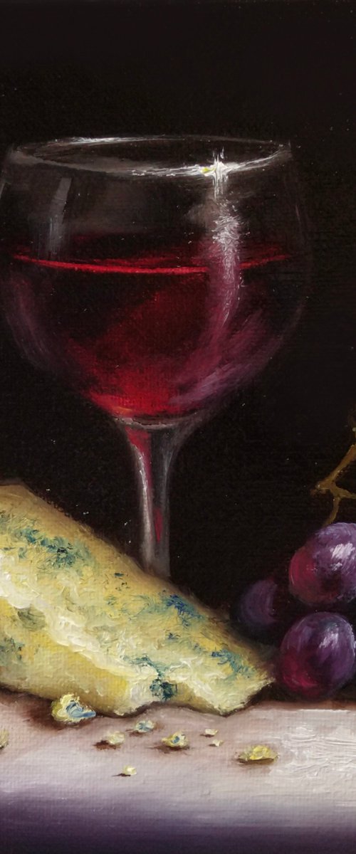 Red wine with cheese and grapes still life by Jane Palmer Art