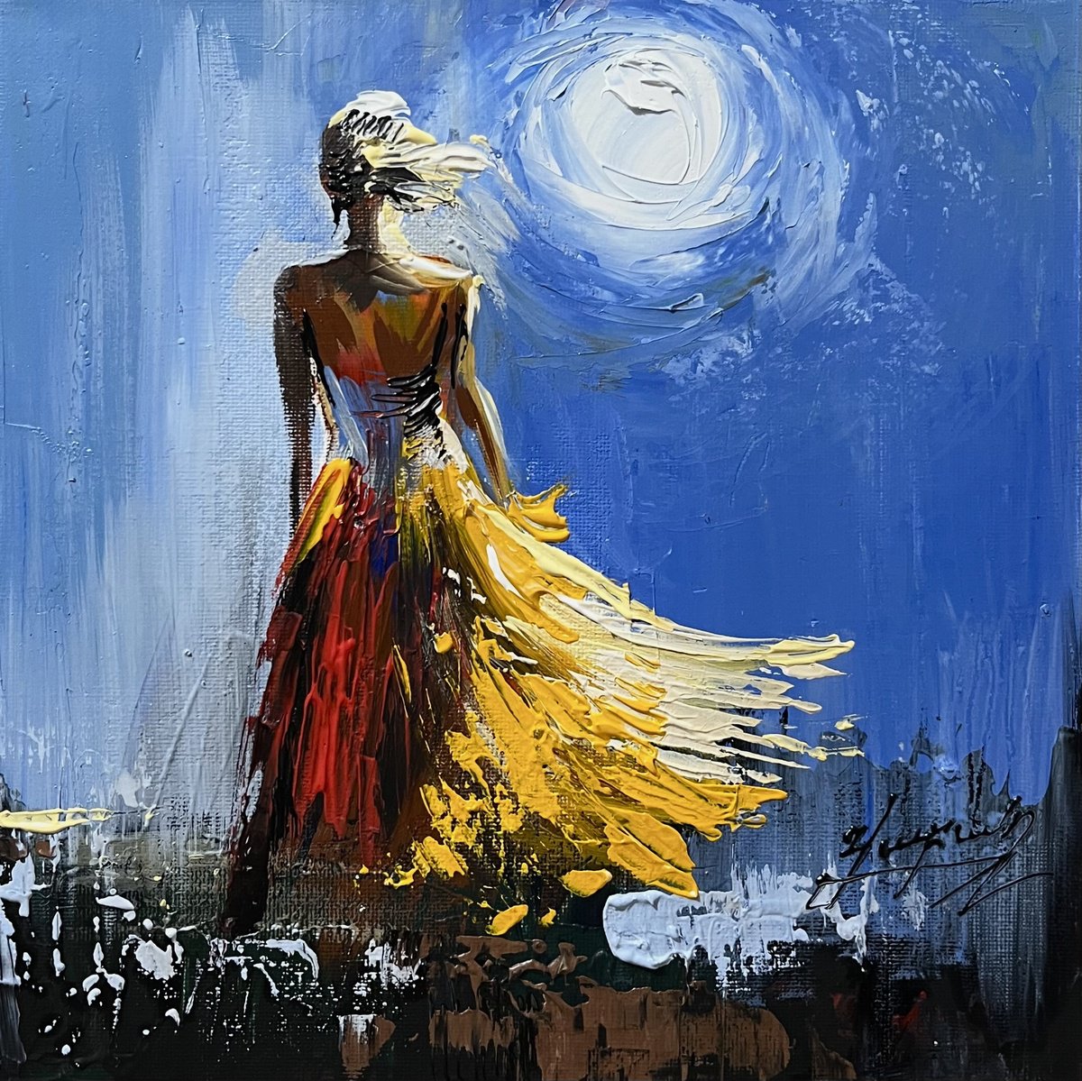 Impressionistic Botanical Oil Painting By Vahe Bagumyan, 10 X 10", Moonlit Solitude, Original Artwork