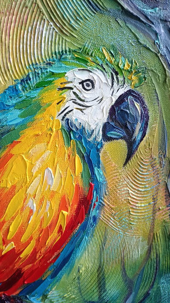 Love in the dark -  parrots oil painting, bird, parrots, love, painting on canvas, gift, parrots art, art bird, animals oil painting, for lovers