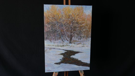 Winter river landscape painting