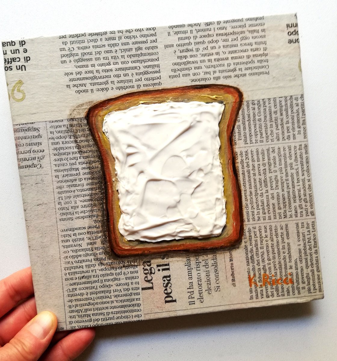 Toast with Cheese Original Acrylic on Canvas Board Painting 8 by 8 inches (20x20 cm) by Katia Ricci