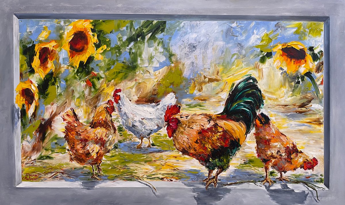 Impressionistic Animal Oil Painting By Diana Malivani, 39 X 24, Matinee i? La Campagne, Original Artwork