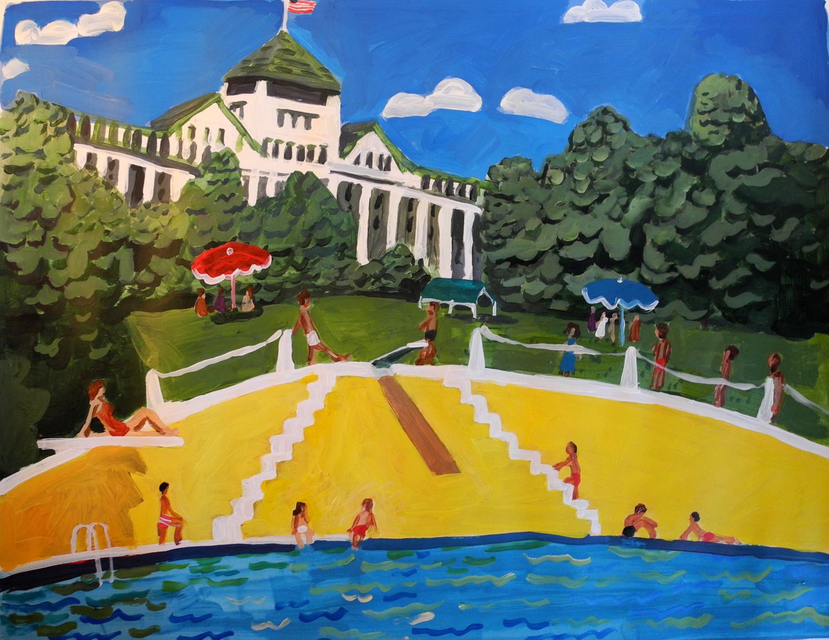 Impressionistic Landscape Acrylic Painting By Stephen Abela, 28 X 22", The Grand Hotel, Mackinac Island, Michigan, Artfinder