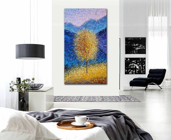 Yellow bright painting Autumn modern landscape Sunny autumn tree Mountains vertical art