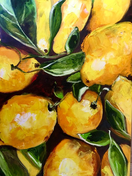 Lemons, oil painting, still life. Palette knife painting on canvas.