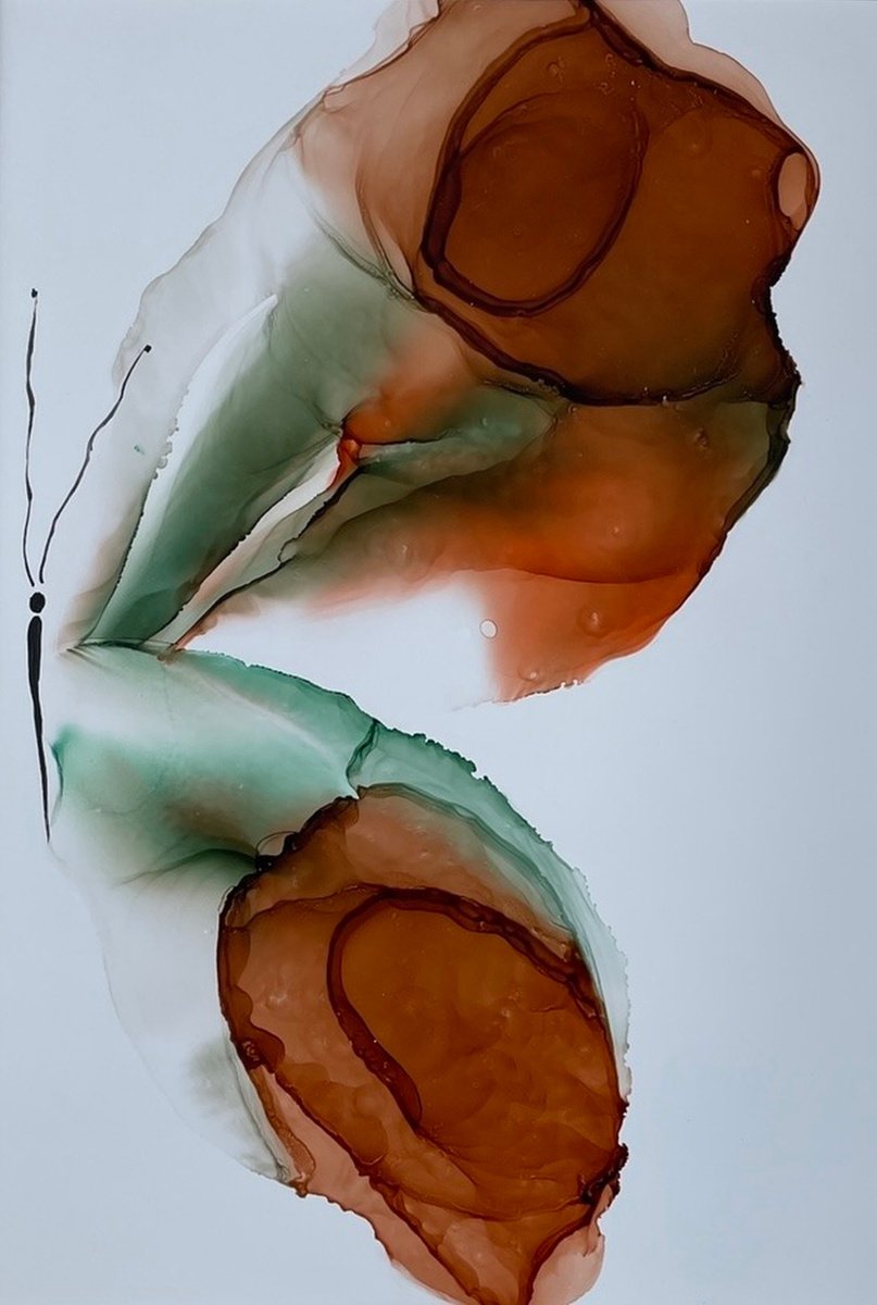 BROWN GREEN BUTTERFLY - alcohol ink , plastic paper by Svetlana Martin