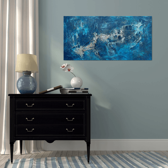 Large Blue Abstract Seascape Textured Painting Blue, Silver, Gold. Modern Art with Heavy Texture. Abstract Landscape Contemporary Artwork for Livingroom or Bedroom