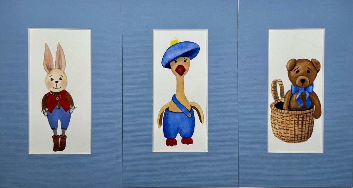 Cartoon Animal Watercolour By Yuliia Sharapova, 21 X 12", Plush Soft Toys Vintage, Original Artwork