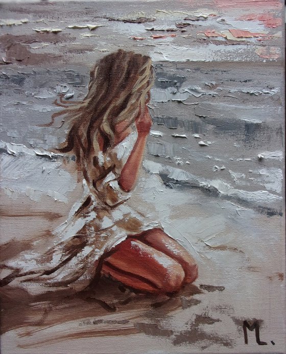 " LONELY TIME ... " original painting SEA spring palette knife GIFT