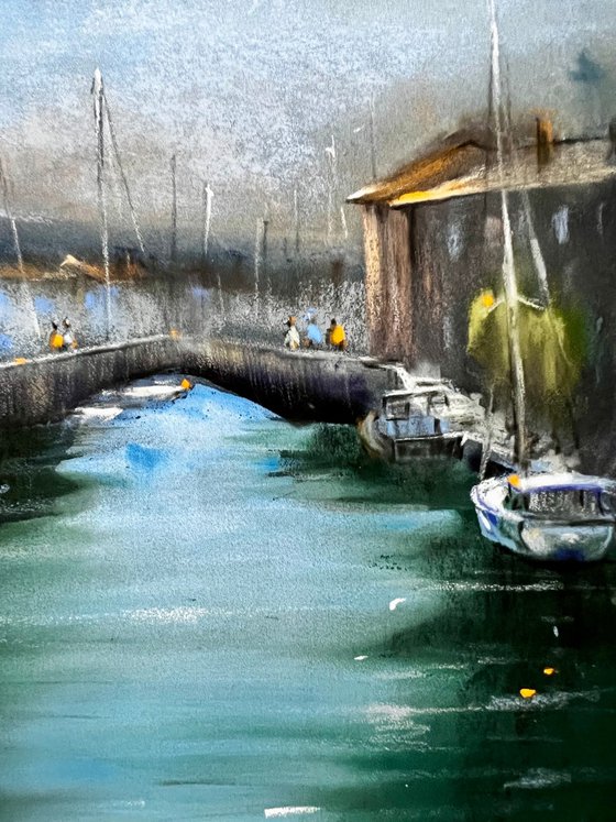 Yachts and Boats in Harbour Port Grimaud France Mixed Media Painting