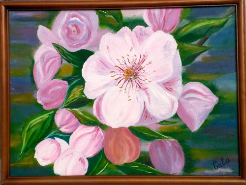 Apple Blossom Art Floral Original Painting Flowering Oil Framed Artwork Home Wall Art 21 by 16 in by Halyna Kirichenko by Halyna Kirichenko