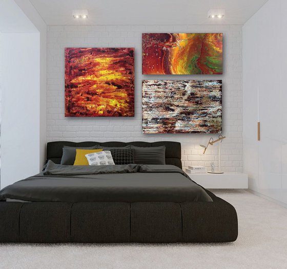 "Earth, Wind and Fire" - Save As Series - Original Large PMS Abstract Triptych Acrylic Paintings On Canvas - 66" x 42"