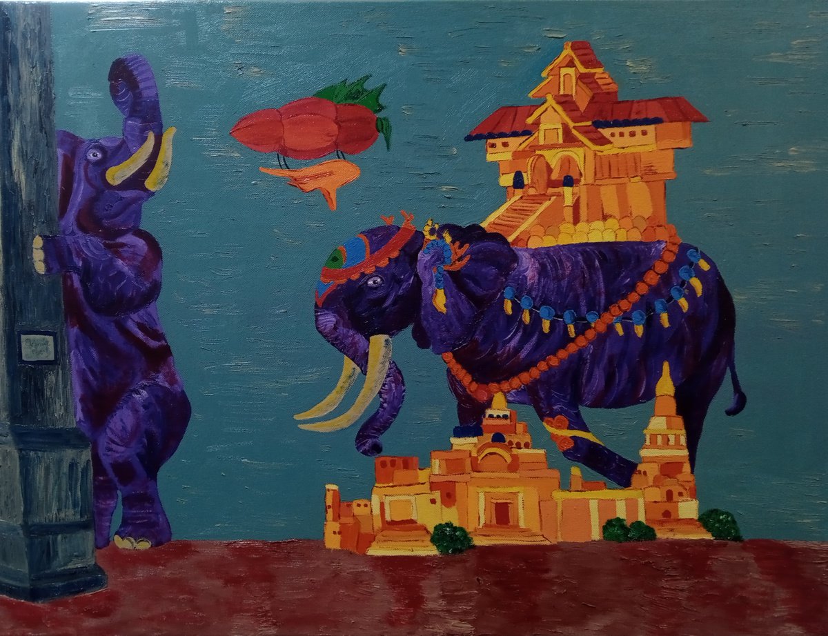 Surrealistic Animal Oil Painting By Corinne Hamer, 32 X 24, Elephant House, Original Artwork