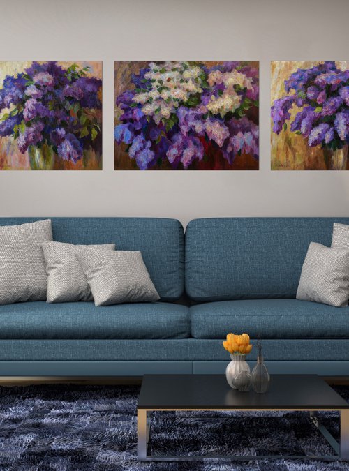 Three Lilacs Paintings - Abstract Floral Triptych by Nikolay Dmitriev