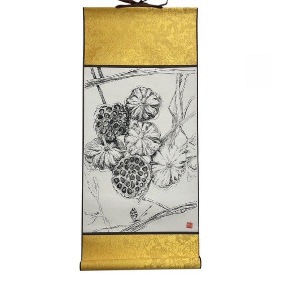 Lotus pods on scroll paper