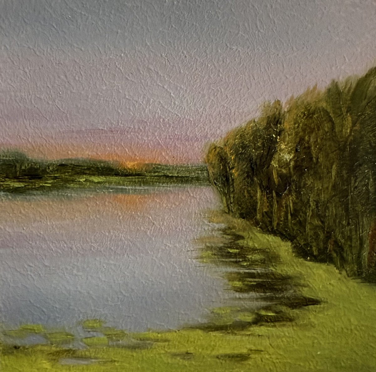 Impressionistic Landscape Oil Painting By Daiva Karaliute, 7 X 7, Lazy Sunrise, Original Artwork