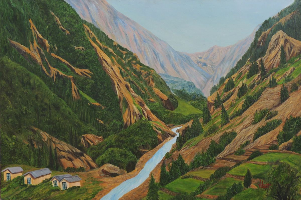 Photorealistic Landscape Oil Painting By Ajay Harit, 45 X 30, Way To Gangotri Ii, Original Artwork