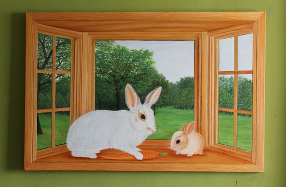 Rabbit playing on Window Landscape Painting