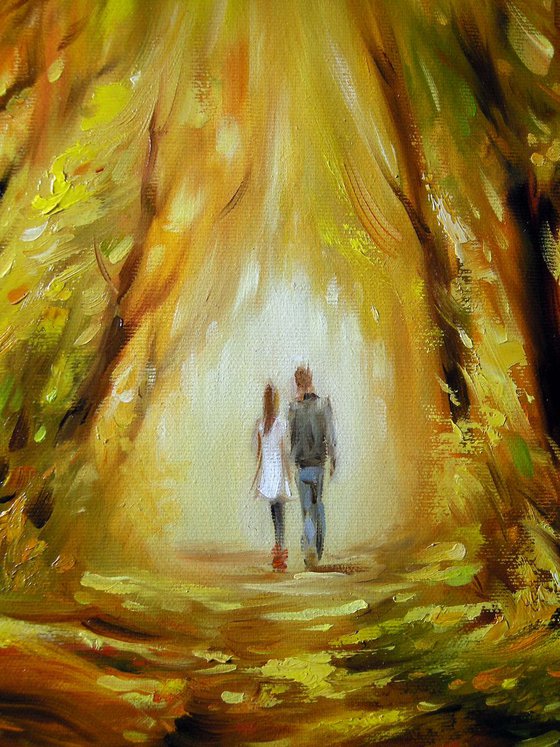 THE AUTUMN WALK TOGETHER (Impressionistic palette knife oil painting nature landscape fall autumn forest path)
