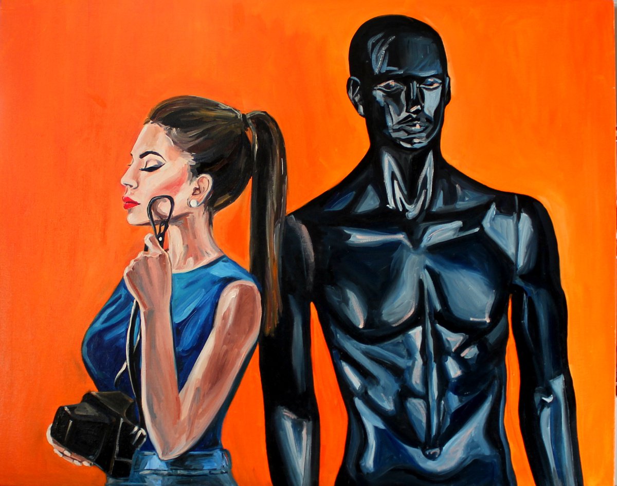 THE DOLL - original oil painting - orange black pop art office art home decor gift idea by Sasha Robinson