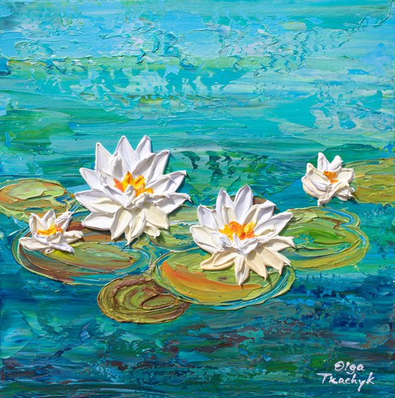Water Lily Lake - Impasto Floral Art, Palette Knife Painting