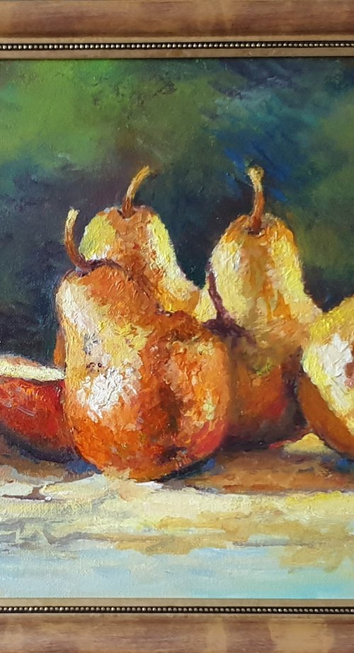 "Juicy pears"  pears still life liGHt original painting PALETTE KNIFE  GIFT (2016) by Anna Bessonova (Kotelnik)