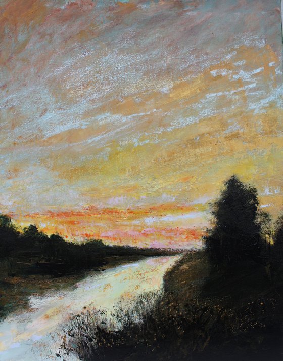 'Twilight River' Sunset Landscape Oil Painting
