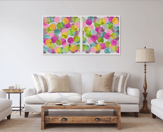 Abstract multicolored bright circles pink gray green turquoise- Diptych #1 & #2