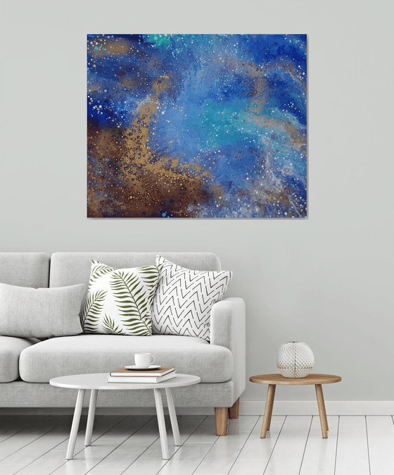 "The unknown beckons" space, sky, sea landscape, original acrylic painting, abstract art, office home decor, blue, gold, copper