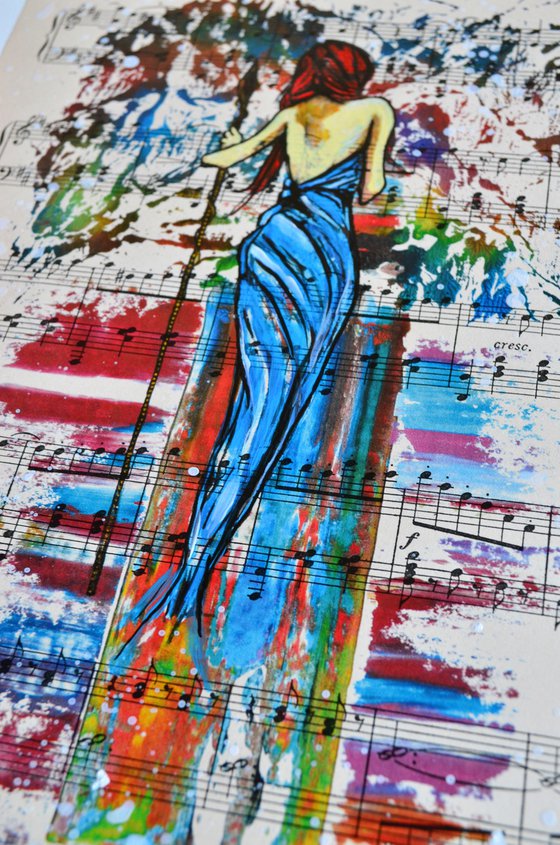 Girl In The Blue Dress - Collage Art on Real Vintage Sheet Music Page