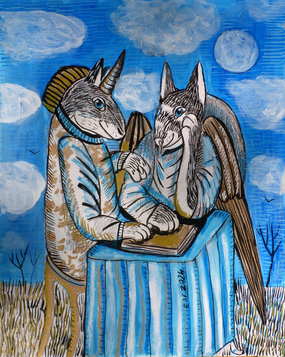 Surrealistic Animal Painting By Elizabeth Vlasova, 11 X 14, Reading On The Moon, Original Artwork