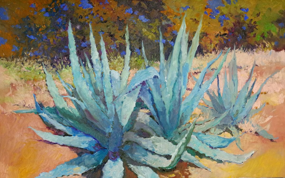 Blue Agaves in the Wild, midday, Southwestern Landscape by Suren Nersisyan