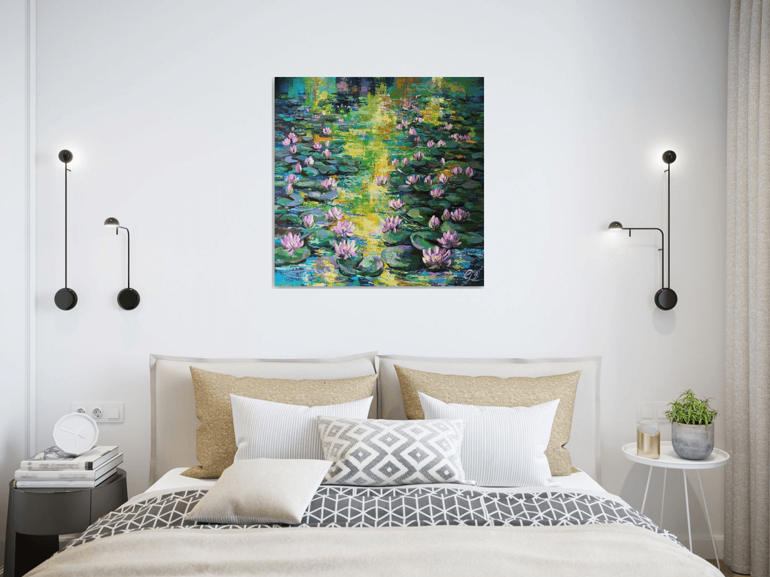 Original Acrylic Painting - Sunset on Lilly Pond by Colette Baumback