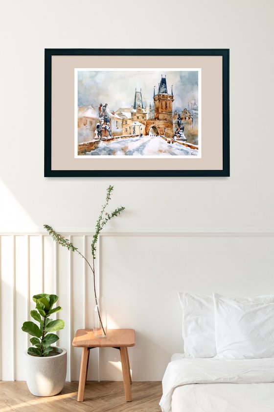 "Bridge in Prague. Winter architectural landscape" Original watercolor painting