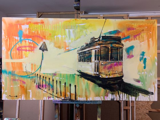 XXL Very Big Painting - "Lisbon tram" - Pop Art - Urban Art - Street - City - Cityscape